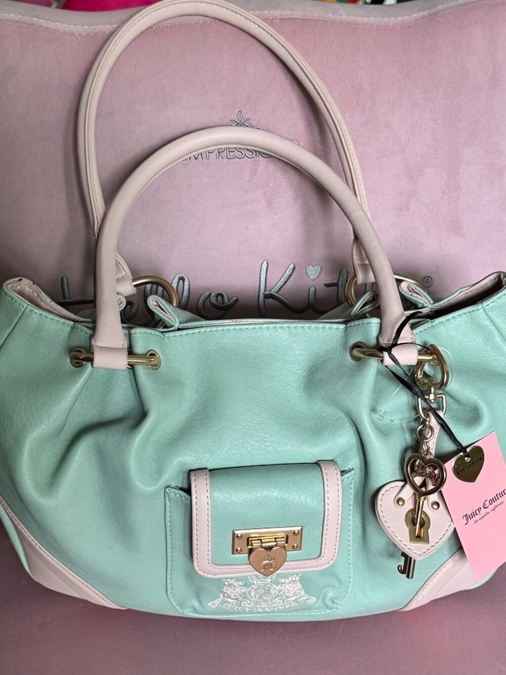Juicy Couture Mint Green Pink Heart Lock Tote Bag Key Charm Y2K Coquette NWT
